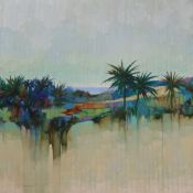 Michael Tain (b.1927), acrylic on canvas, Desert island scene, signed, 101 x 101cm