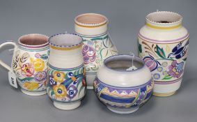 Two Carter Stabler Adams pottery vases, two Poole pottery vases and a jug, all with floral