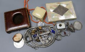 A mother of pearl mounted card purse, a leather pocket watch case, a coral bead necklace and other