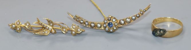 Two bar brooches and an 18ct gold ring (lacking stones), one brooch marked 15ct, set with seed