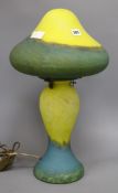 A Daum style glass mushroom shaped lamp and shade height 52cm