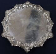 A George V silver salver with shell and scroll border, Sheffield, 1915, 33.7cm, 28.5 oz.