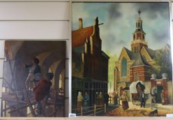 A. Dorstberg, oil on panel, Continental street scene, 60 x 50cm and an unframed oil of Renaissance