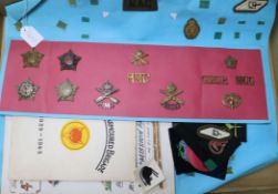 A collection of WWII cap badges and fabric badges for MMg, GMGR, armoured brigades, etc.