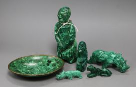 Five malachite figural carvings and a dish tallest 18cm