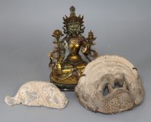 A Chinese bronze Buddha, a masque and a figure