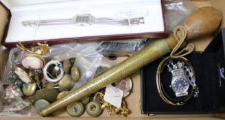 A quantity of assorted costume jewellery, a ring sizer and military buttons.