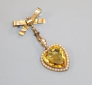 An early 20th century yellow metal, citrine and seed pearl pendant with associated 9ct gold