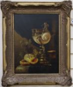 Modern 17th century style, oil on panel, Nautilus shell cup and fruit on a ledge, indistinctly
