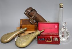 A group of mixed collectables, including a patent copper powder flask by Hawksley, a leather-cased