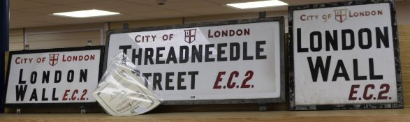 Two London Wall Street signs and a Threadneedle Street sign and certificates