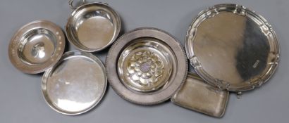 A silver waiter, Sheffield 1924 and six other silver items, including a circular dish with gadrooned