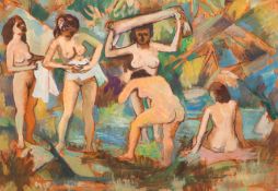 Modern British, oil on canvas, Female bathers beside a river, 69 x 92cm, unframed and a similar