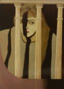 Modern British, oil on board, Woman looking through a balustrade, 59 x 44cm