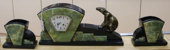 An Art Deco marble clock garniture