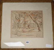 John Dodgson (1890-1969), ink and watercolour, working drawing, Study of woodland, signed, 26 x