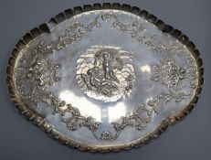 An Edwardian repousse silver 'Reynold's Angels' dressing table tray, James Deakin & Sons, Chester,
