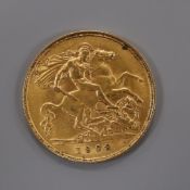 An Edward VII 1908 gold half sovereign.