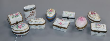 Ten egg and other shaped Limoges pill boxes