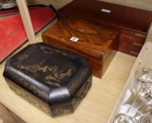 A Chinese export work box and two writing slopes Brass bound box 57cm wide x 26cm deep x 15cm high