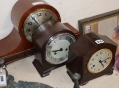 A mahogany eight day mantel clock and two Smith bakelite clocks