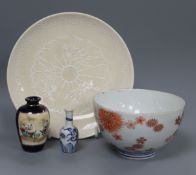 A Japanese Satsuma Bianco Sopra Bianco dish, an Imari bowl and two vases