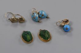 A pair of scarab earrings(lacking wires) and three other pairs including Victorian heart shaped