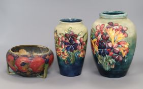 Two Moorcroft 'Spring Flowers' vases and an unusual Moorcroft Pomegranate bowl (damaged) Tallest