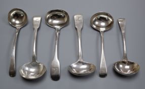 Two pairs of 19th century silver sauce ladles, London, 1820 and 1829 and two others including an