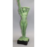 An over painted art deco style plaster figurative table lamp Height 84cm