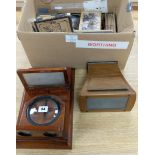 A mahogany stereoscope, another and collection of mixed stereoscopic photographic cards and glass