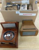 A mahogany stereoscope, another and collection of mixed stereoscopic photographic cards and glass