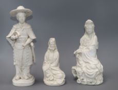 Three Chinese blanc-de-chine figures of Hua Mulan, Guanyin and a Luohan tallest 32cm