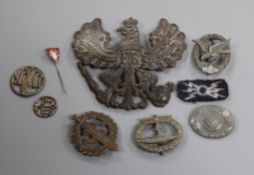 A quantity of German WWII tunic badges to include tank and submarine corps and brownshirt badge
