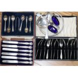 A pair of silver salts, cased silver forks, teaspoons, silver mounted dish and three other items.