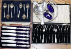 A pair of silver salts, cased silver forks, teaspoons, silver mounted dish and three other items.