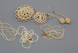 Two early 20th century seed pearl cluster brooches, a pair of seed pearl drop earrings and three