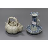 A Chinese blue and white candlestand and a crackle glaze wine pot Candlestand 17cm high