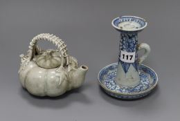 A Chinese blue and white candlestand and a crackle glaze wine pot Candlestand 17cm high