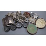 A set of late Victorian silver shell salts and other items including silver toastracks, silver