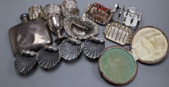 A set of late Victorian silver shell salts and other items including silver toastracks, silver