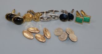 A pair of Edwardian 9ct gold cufflinks and six other assorted pairs including tiger's eye quartz and