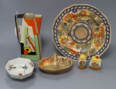 A Clarice Cliff crocus salt pot and mustard, two Charlotte Rhead dishes, etc. Plate 27cm diameter