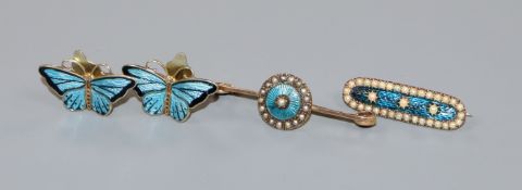 A pair of Norwegian 925 and enamel butterfly ear clips and two yellow metal and seed pearl set