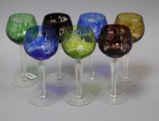 Seven coloured overlaid hock glasses