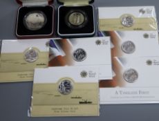Six UK twenty pound fine silver coins and two silver commemorative coins etc