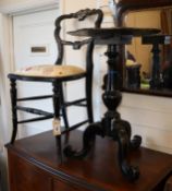 A Victorian black lacquered and mother of pearl chair and a similar table (2) Table 48cm