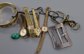 Four lady's wrist watches, a silver nurses buckle, malachite stone, bangle and magnifying glass.