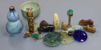 A collection of Chinese hardstone carvings, a miniature vase, etc