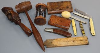 A carved punch nutcracker, two burr wood boxes, a gavel, pen knives, etc.